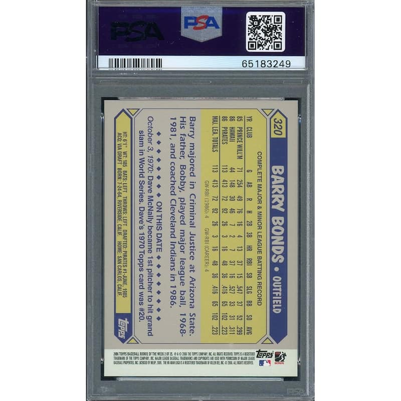 Barry Bonds 2006 Topps Rookie of the Week Baseball Card #2 Graded PSA 10 - 8'6" x 11'6"