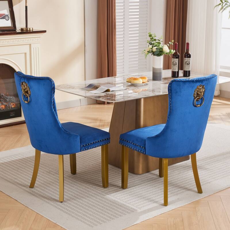 Velvet Dining Chairs Set of 2, Tufted Dining Chairs with Nailhead Trim, Kitchen Chairs with Lion Head Pulls Ring & Wooden Legs