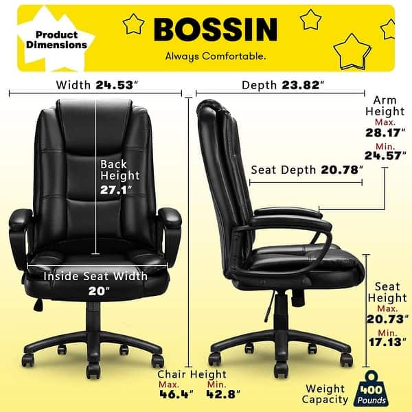 dimension image slide 0 of 2, Bossin Big and Tall Office Chair High Back Executive Chair Ergonomic Adjustable Executive Leather Chair,400lbs