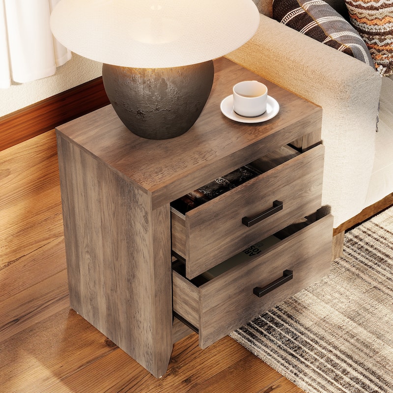 WAMPAT Farmhouse End Table with 2 Storage Drawers - Rustic Brown Accent Table for Bedroom & Living Room