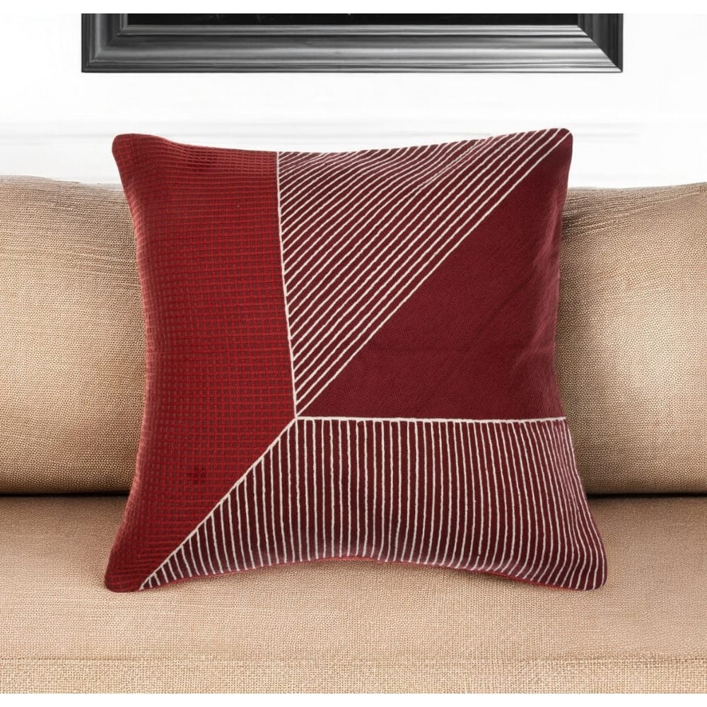HomeRoots 20" Red and White Geometric Cotton Throw Pillow With Embroidery