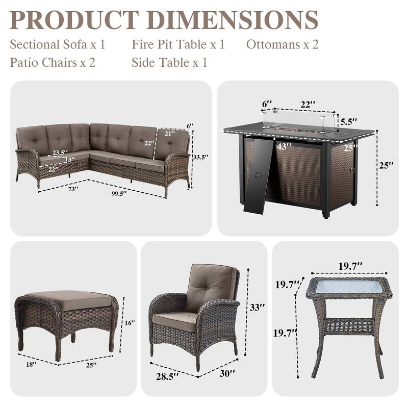 Outdoor Sectional Sofa Chairs Ottomans with Fire Pit Table -Grey - Brown