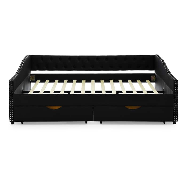 Queen Size Upholstered Tufted Daybed with Drawers and Copper Nail