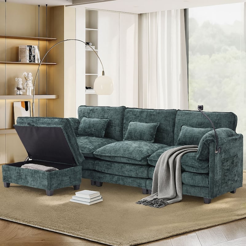 Modern Stylish L-Shaped Modular 3-Seater Storage Sofa with Phone Holder and Charging Station - Emerald
