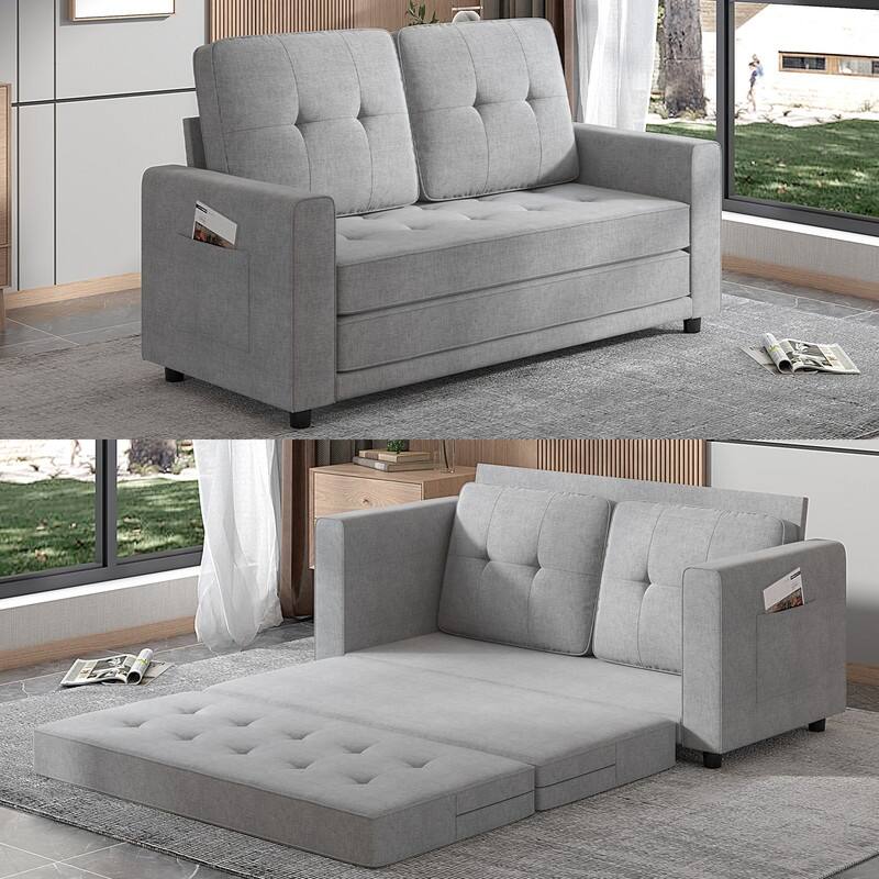 Mixoy Modern 3-in-1 Loveseat Sleeper Sofa,Multi-Function Tri-Fold Out Floor Sofa Bed - Light Grey - 55''W x 87''D x 25''H