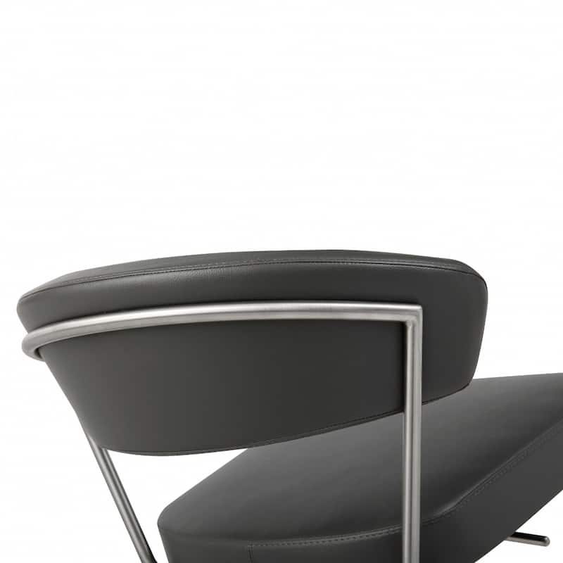 Black Faux Leather Bucket Bar Stool with Silver Stainless Steel Pedestal, Adjustable Height - 22” x 20” x 34” (D x W x H)
