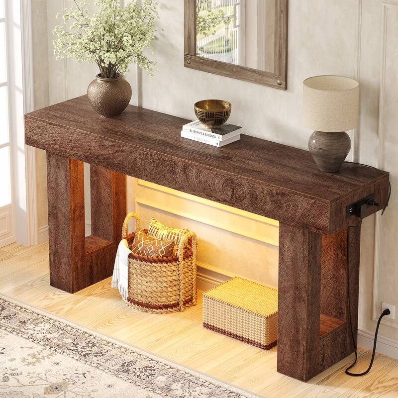 63'' Console Table with Motion Sensor Light and Charging Station, Modern Farmhouse Entryway Table
