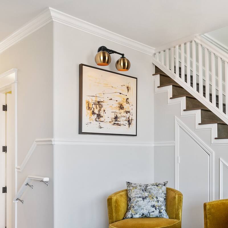 2-Light Modern Black Gold Vanity Light Bathroom Metal Wall Sconce for Powder Room - 14.5'' L x 6'' W x 7.5'' H