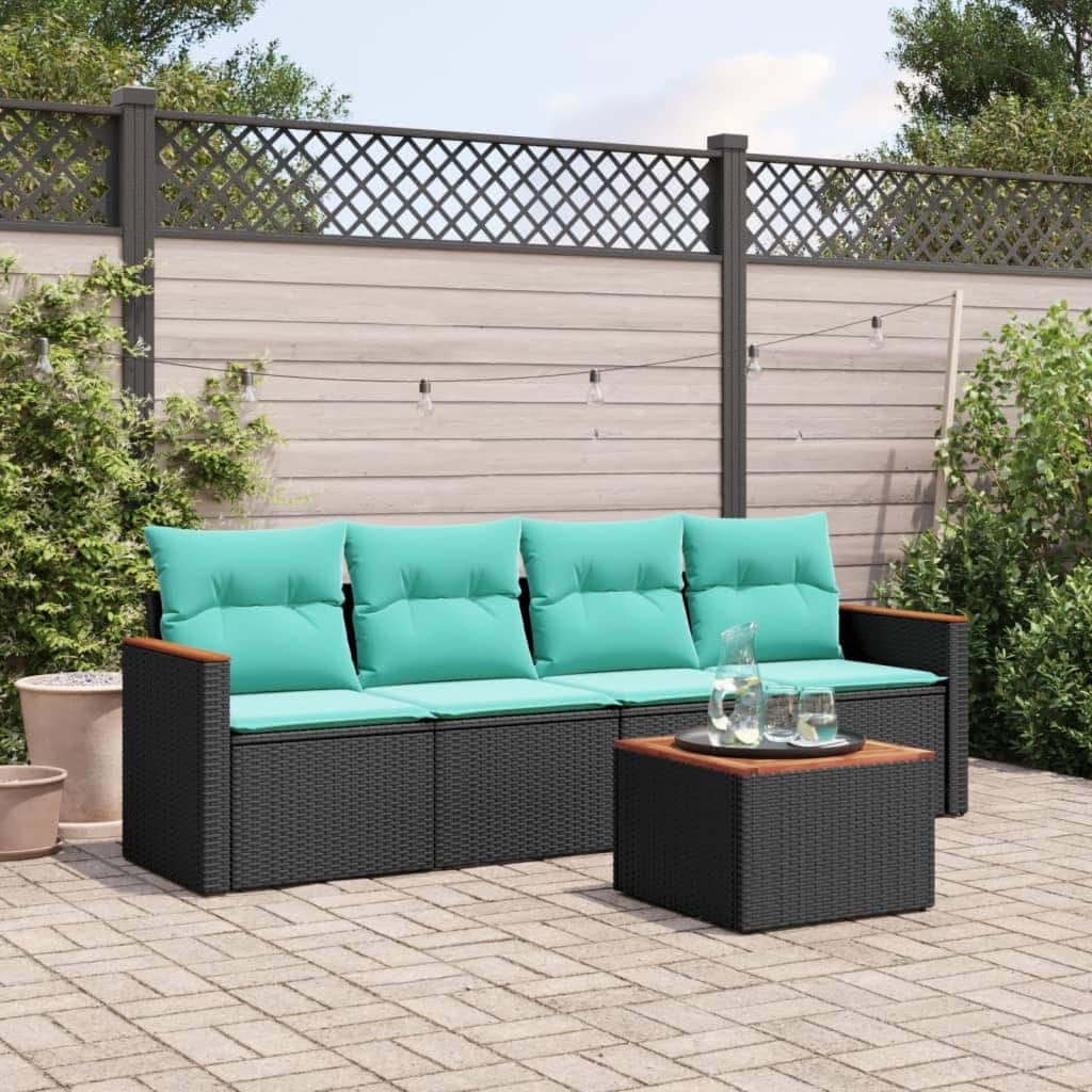 vidaXL 5 Piece Patio Sofa Set with Cushions Black Poly Rattan - 21.7 x 24.4 x 27.2