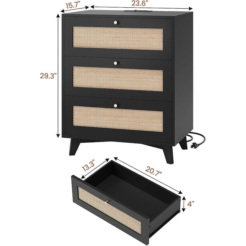 Rattan Nightstand for Bedroom Charging Station USB Ports LED Lights