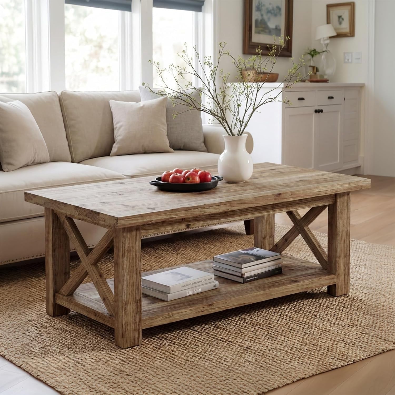47-Inch Solid Wood Coffee Table, Farmhouse Table with Storage