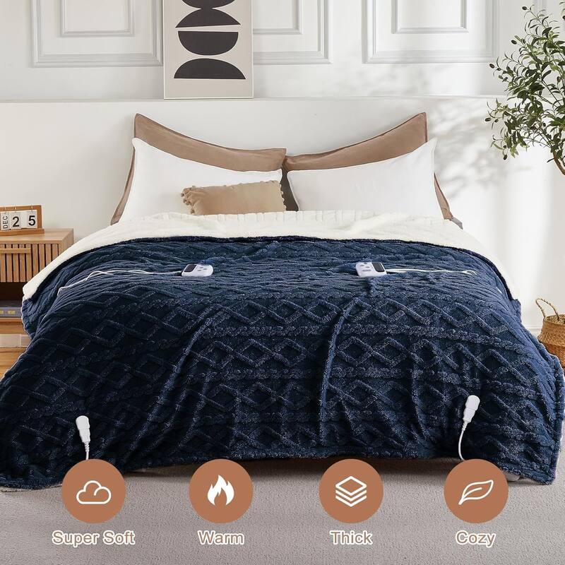 Heated Throw Blanket - Thick Tufted Sherpa Electric Blanket Throw with 10 Heating Levels and 10 Time Settings