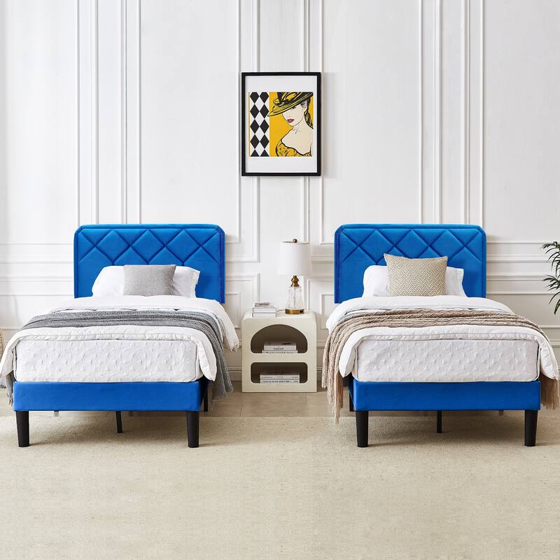 2 Pcs Upholstered Twin Size Platform Bed with Adjustable Headboard - Dark Blue - Twin