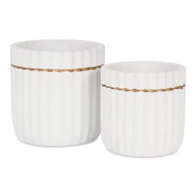 Aurine Round Gold Trimmed Ridged Ceramic Pot - White