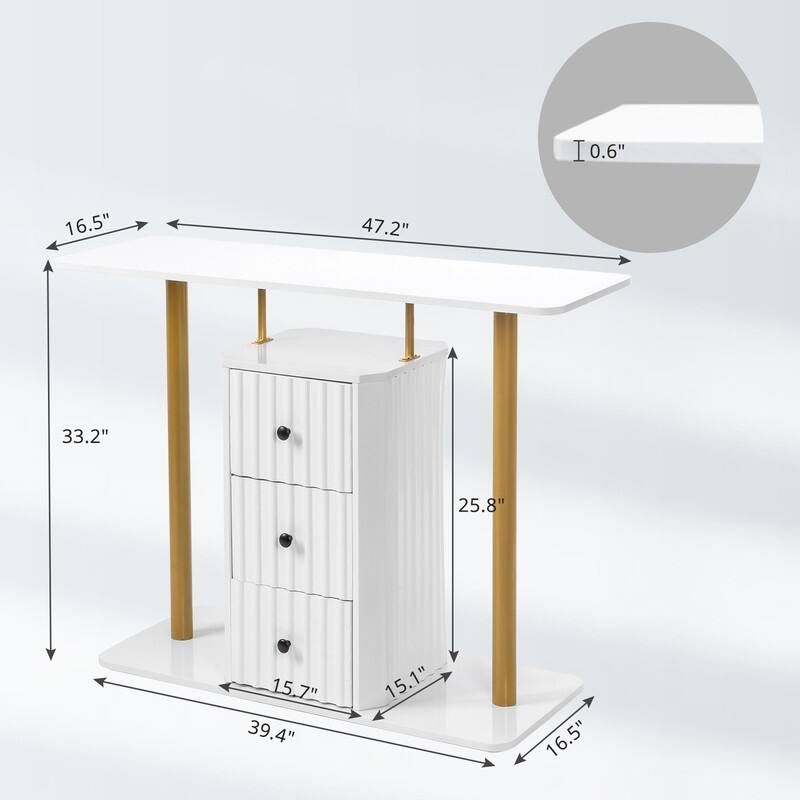 Modern Metal Frame Sofa Console Table, Entryway Table with 3 Drawers White