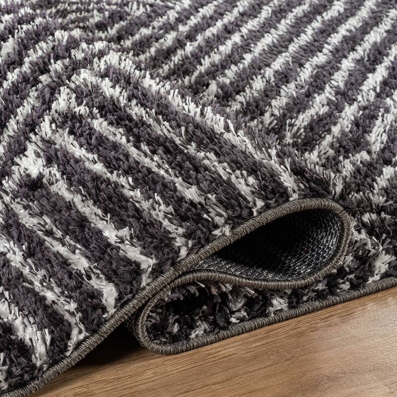 Minimal Stripe Geometric Shag Rug - Anthracite Dark Gray - Medium Pile - Cozy & Modern - Anthracite - 2' 3" x 12'