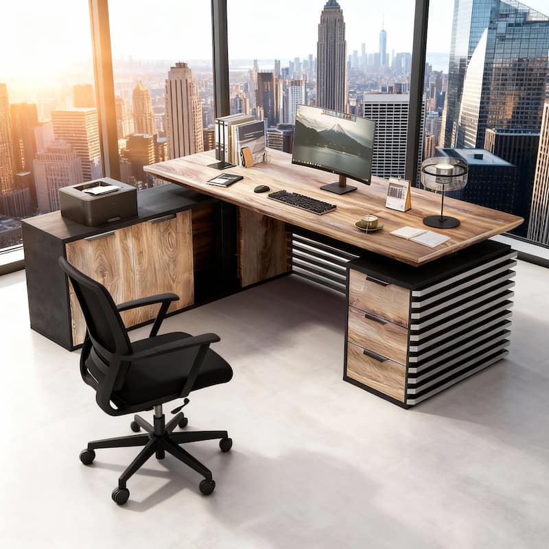 L-Shaped Executive Desk with Outlets File Cabinets 3 Drawers Custom Size & Color - 70inches - Left Return-Black/Wood