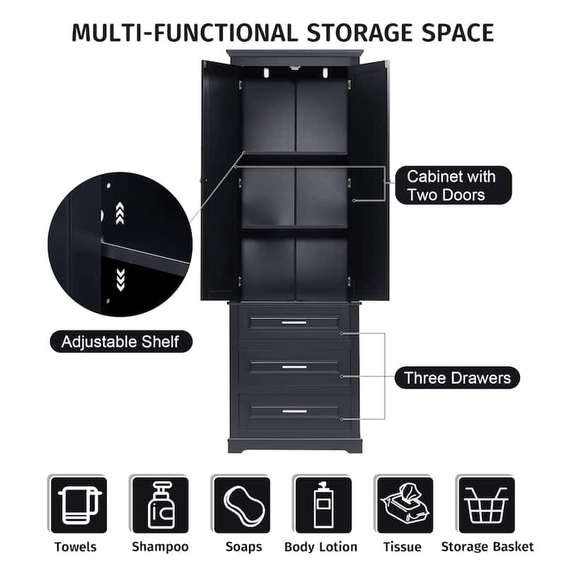 70" Tall Storage Cabinet with Doors and Three Drawers for Bathroom/Office