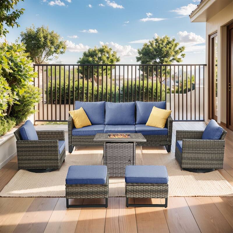 Outdoor Pocassy Sofa Chairs Set with Fire Table - Grey Wicker Blue Cushion - 6 Pieces