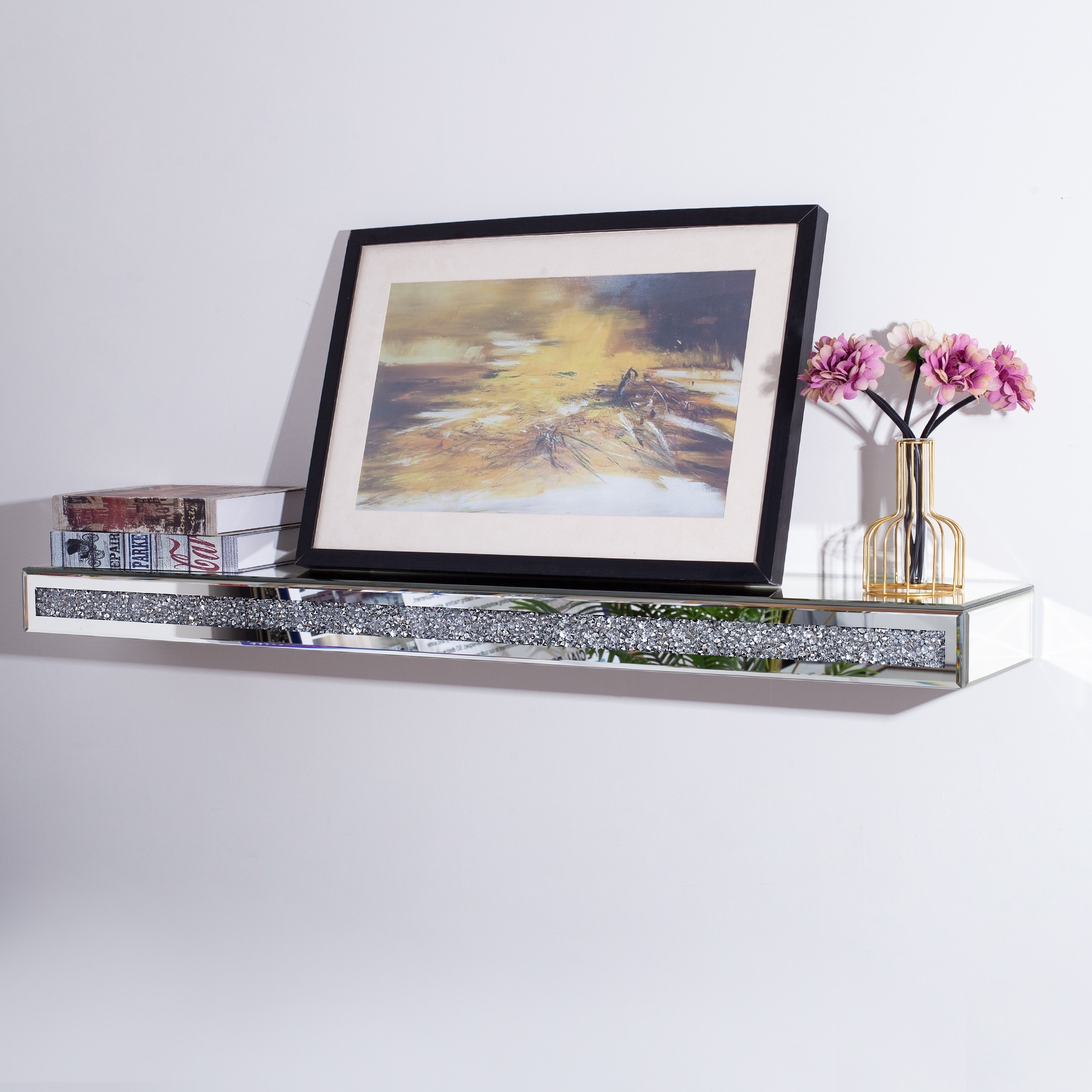 Mirrored Floating For Wall Decor. Glamorous Crystal Crush Diamond Decorative Wall Shelf Silver Mirror Glass Shelf Suitable Room Bedroom Bathroom Living Ro