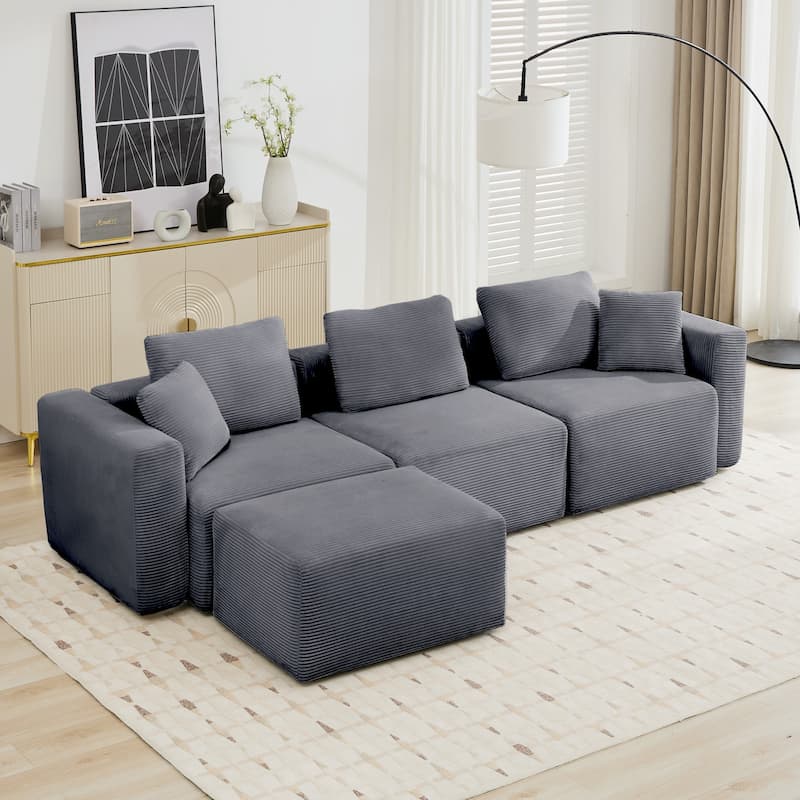 Corduroy Sectional Modular Sofa with Square Arms & Ottoman Extension for Flexible Arrangements
