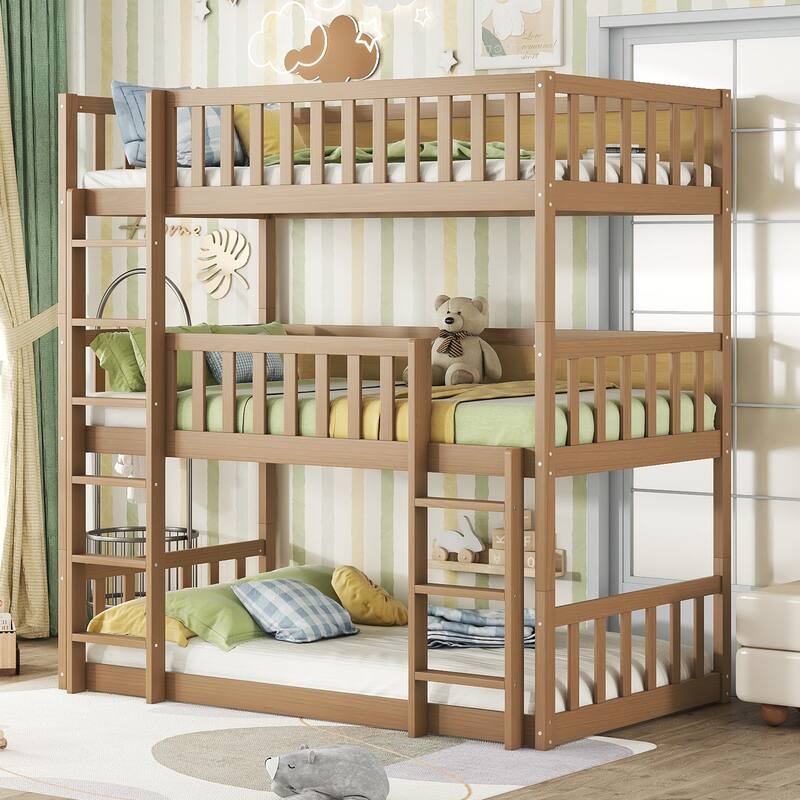 Triple Twin Bunk Bed with Ladders and Guardrails, Detachable Design, Space-Saving, Natural Finish