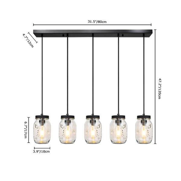 Matte Black 5Light Linear Chandelier with Clear Glass Jar Shades Bed