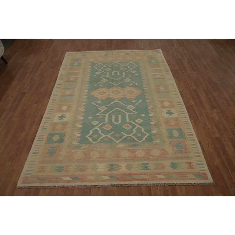 Hand Woven Oriental 100% Wool Carpet Southwestern Tribal Navy Blue & Blues Kilim Area Rug - 9' 9'' X 6' 5''