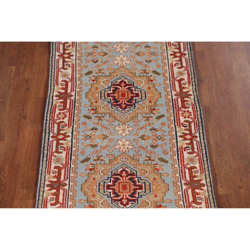 Light Blue Heriz Serapi Style Runner Rug Handmade Wool Carpet - 2'5" x 10'3"