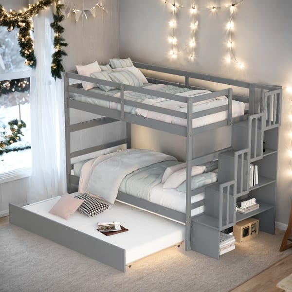 slide 2 of 9, Twin Over Twin Bunk Bed with Trundle and Storage Grey