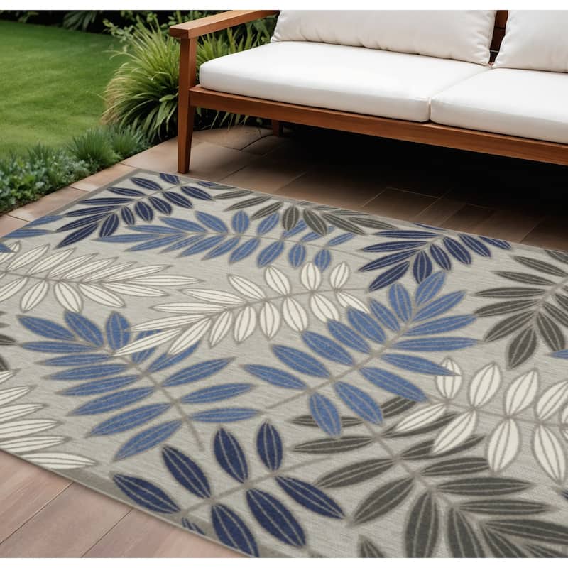 HomeRoots Palm Leaf Island Rectangle Outdoor Rug - 9' X 12' - Green/Blue/Grey - 9' X 12'