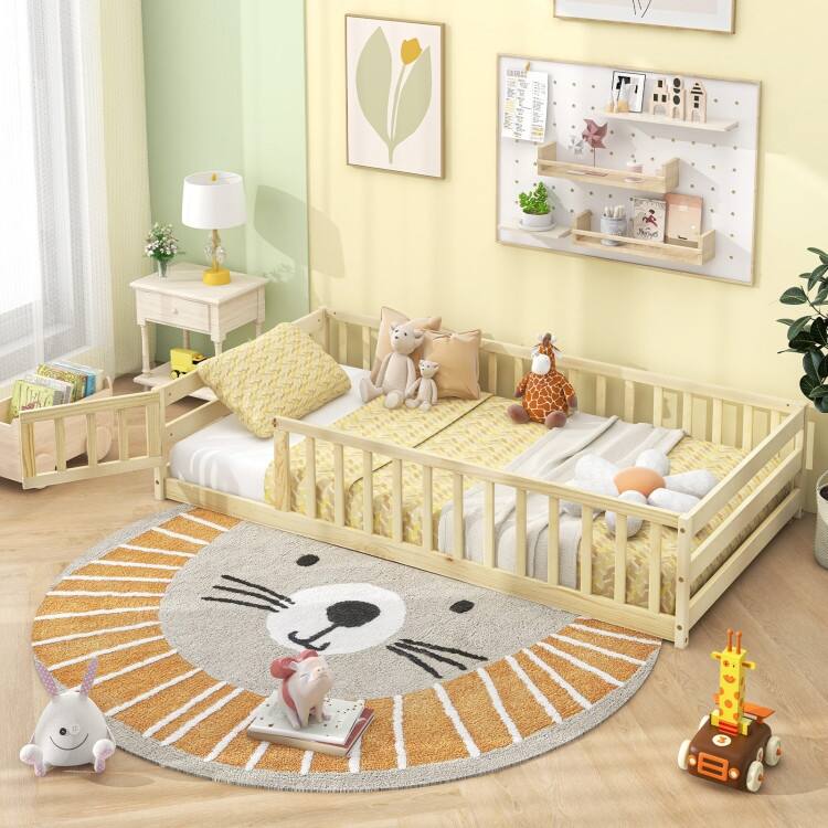Twin Size Kids Wood Montessori Floor Bed with Door and Fence