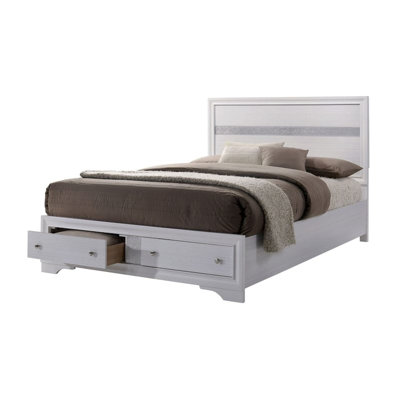 Cevy Full Size Bed, Footboard Drawers, White Wood w Glitter Accents