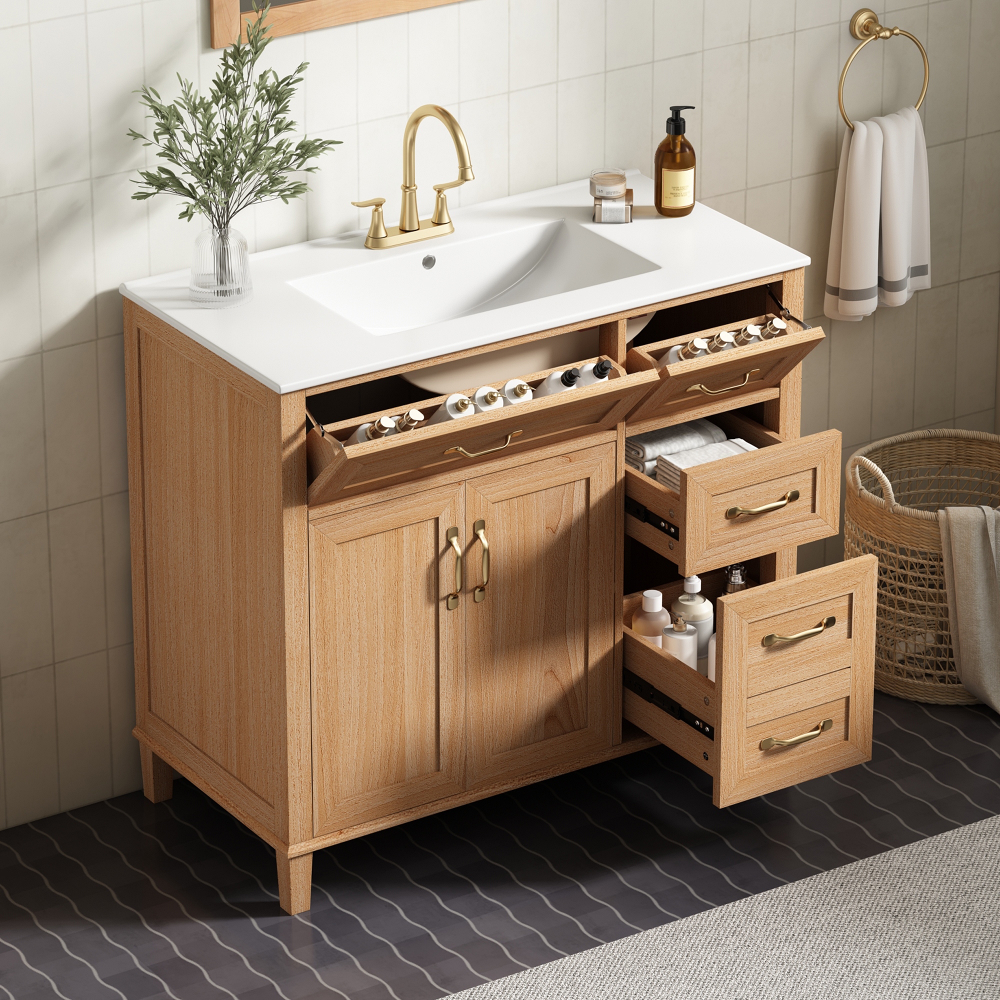 GDFStudio - Avalon Modern Freestanding Bathroom Vanity with Ceramic Sink & Soft Close Multi-Storages