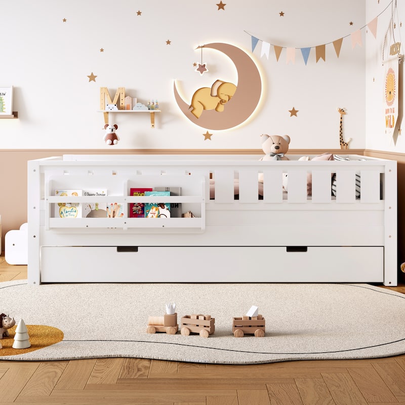 Roomfitters Floor Bed with Bookshelf and Trundle, Low Profile Frame with Step Entry