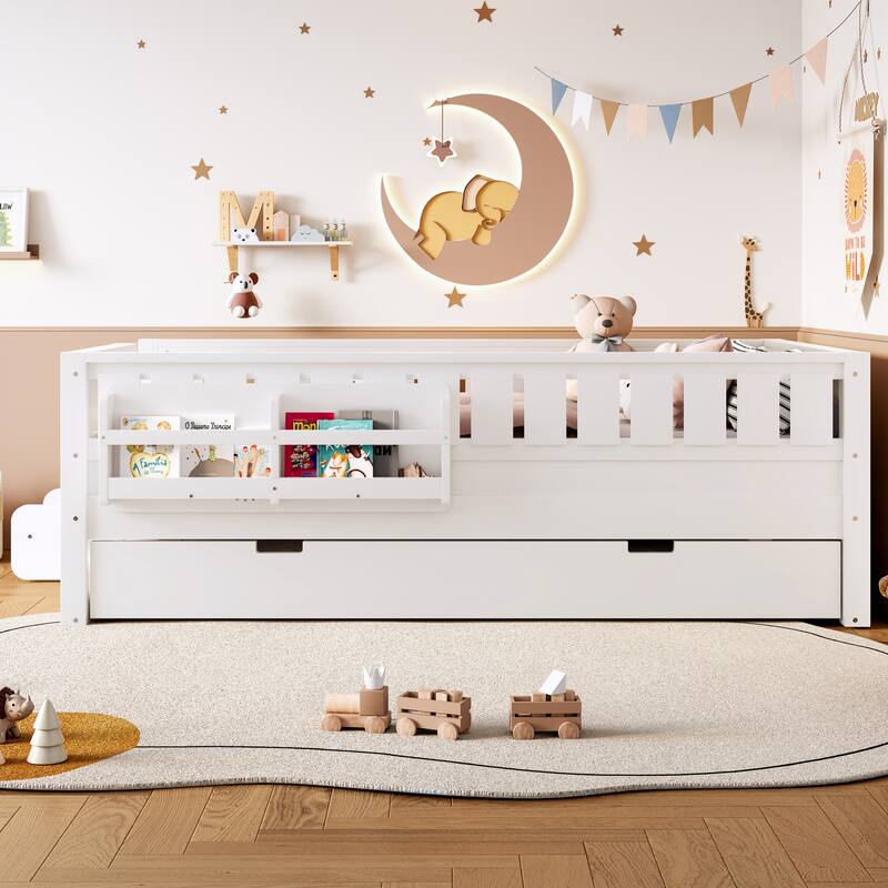 Twin with Built-in Bookshelves and Small Staircase, High-Quality Safety Rails, and Trundle