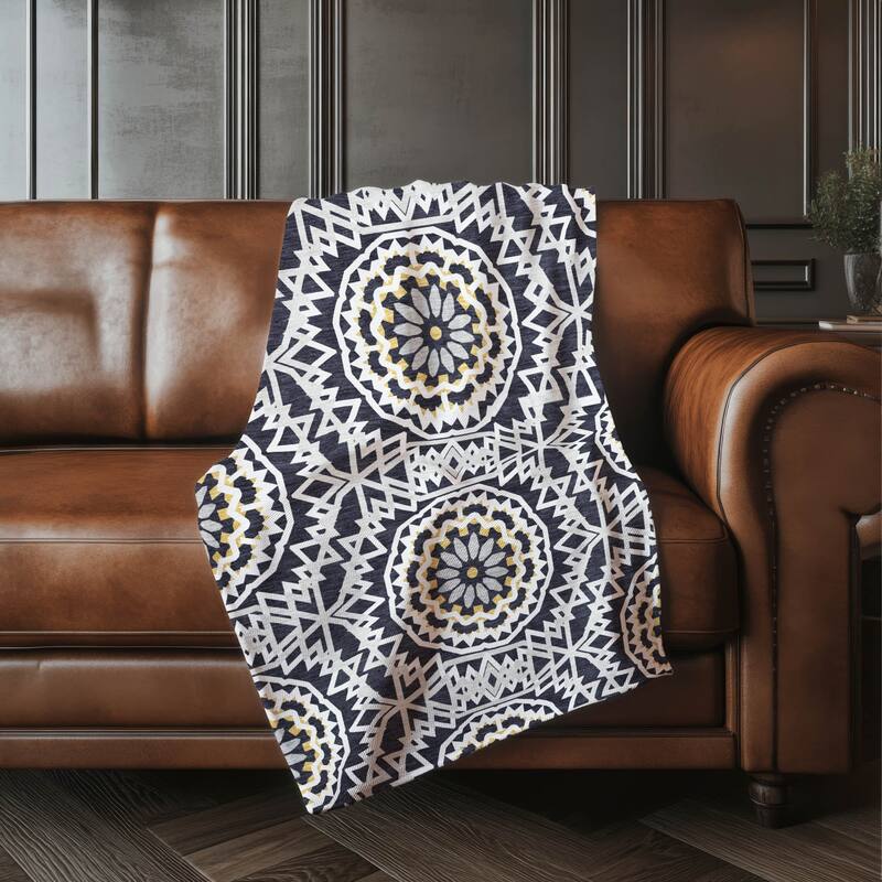 Premium Machine Washable Boho Suzani Sherpa Throw Blanket - Black - 4'2" x 5'10"