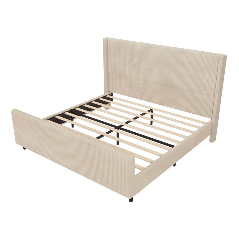 Cream King Size Corduroy Bed with Wingback and High Footboard