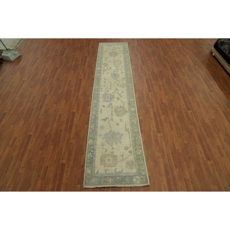 Earth Tone Wool Oushak Vegetable Dye Runner Rug, Floral Geometric Carpet - 13' 4'' X 2' 9''