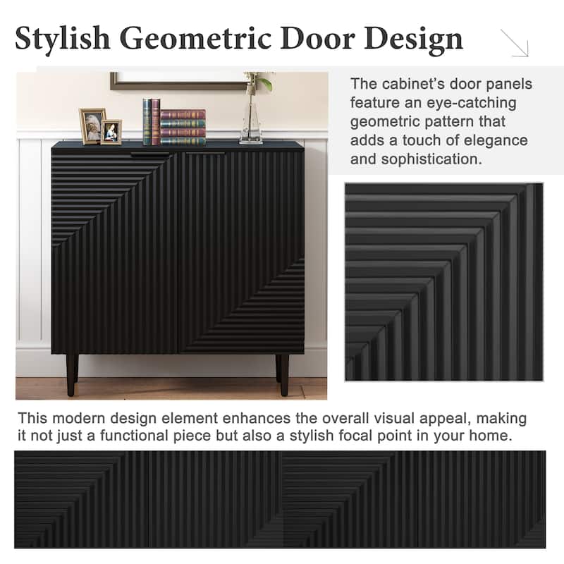 Modern Minimalist Side Cabinet with Adjustable Shelves and Geometric Doors, MDF Top and Metal Legs.