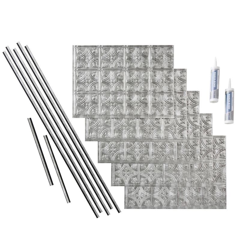 FASÄDE Traditional Style 1 Decorative Vinyl Backsplash Panel - 15 Sq Ft Kit - Crosshatch Silver