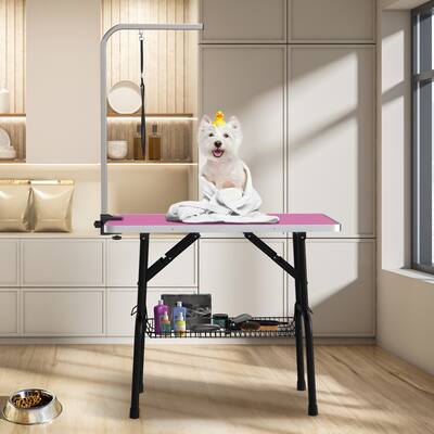 36" Foldable Dog Grooming Table with Adjustable Arm, Non-Slip Desktop, Storage Tray& Noose, Pink