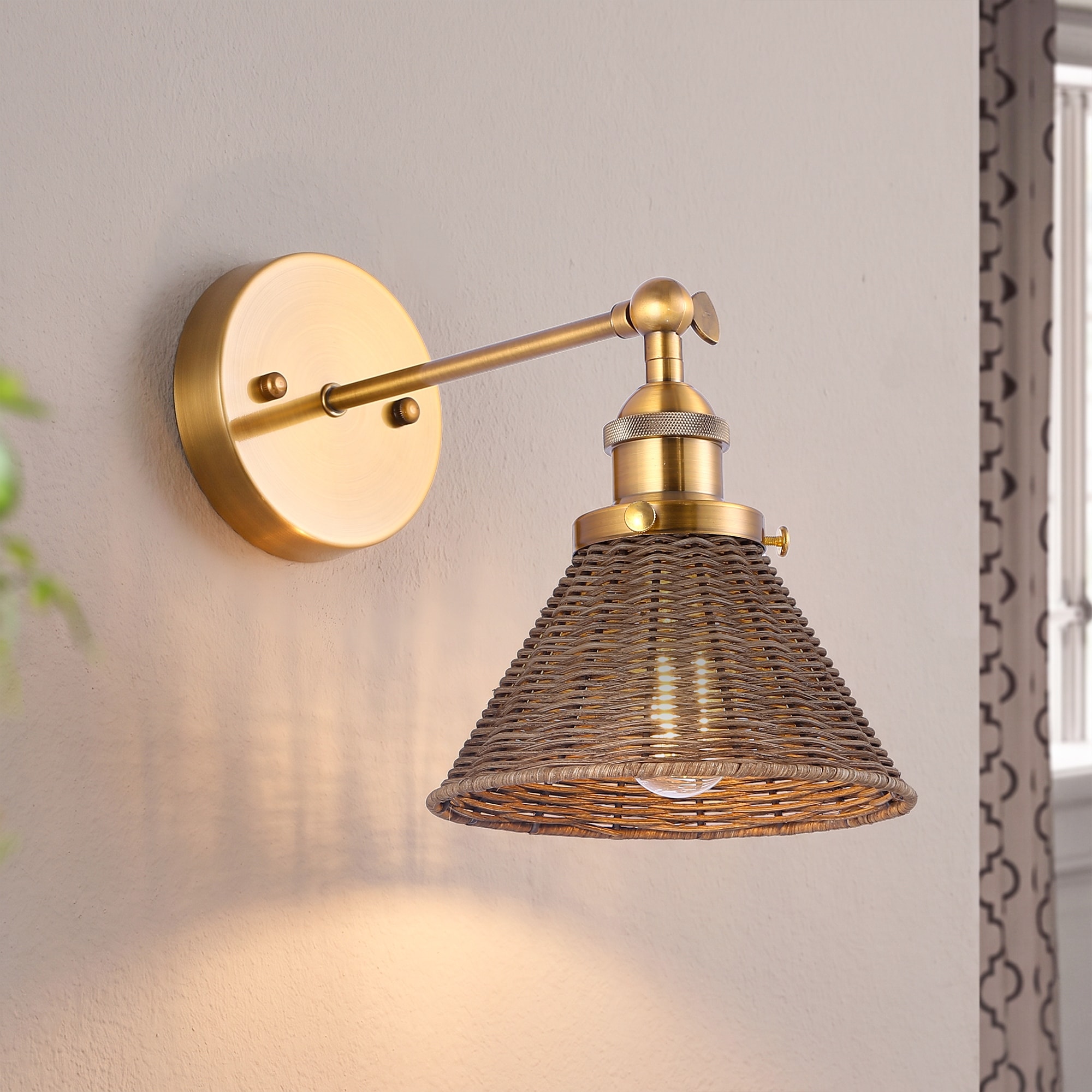 1-Light Farmhouse Brown Handwoven Rattan Brass Metal Wall Swing Arm Sconce - 7 in. D x 11 in. W x 10 in. H
