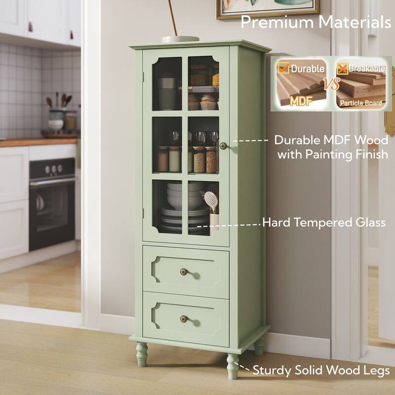 Buffet Cabinet with Glass Doors and Double Drawer, Modern Wooden Storage Sideboard Cupboard for Living room