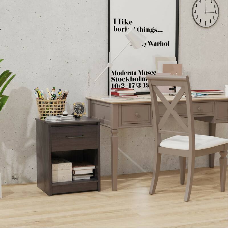 Gymax 2PCS Nightstand with Drawer Storage Shelf Wooden End Side Table