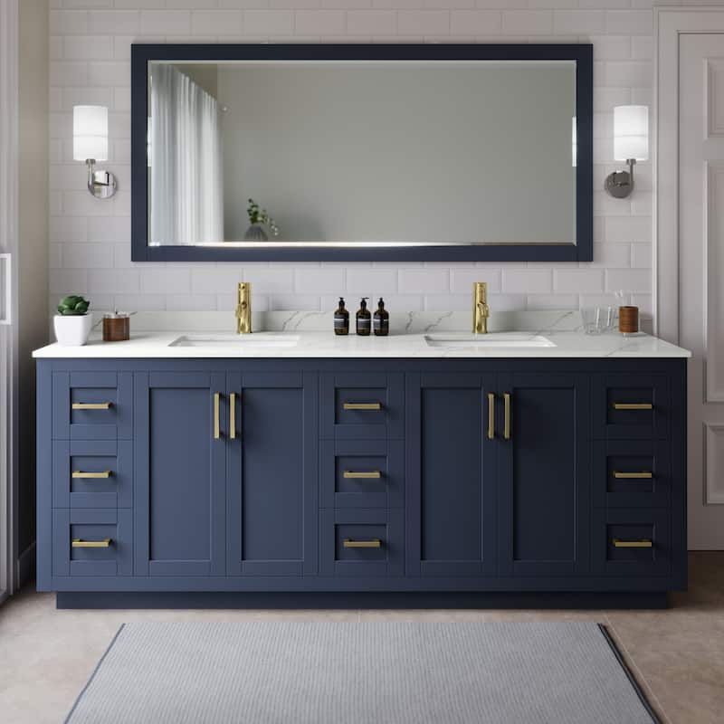 Wyndham Collection WCF292984D-QTZ-UNSMXX Miranda 84" Free Standing - Dark Blue / Giotto Quartz Top / Brushed Gold