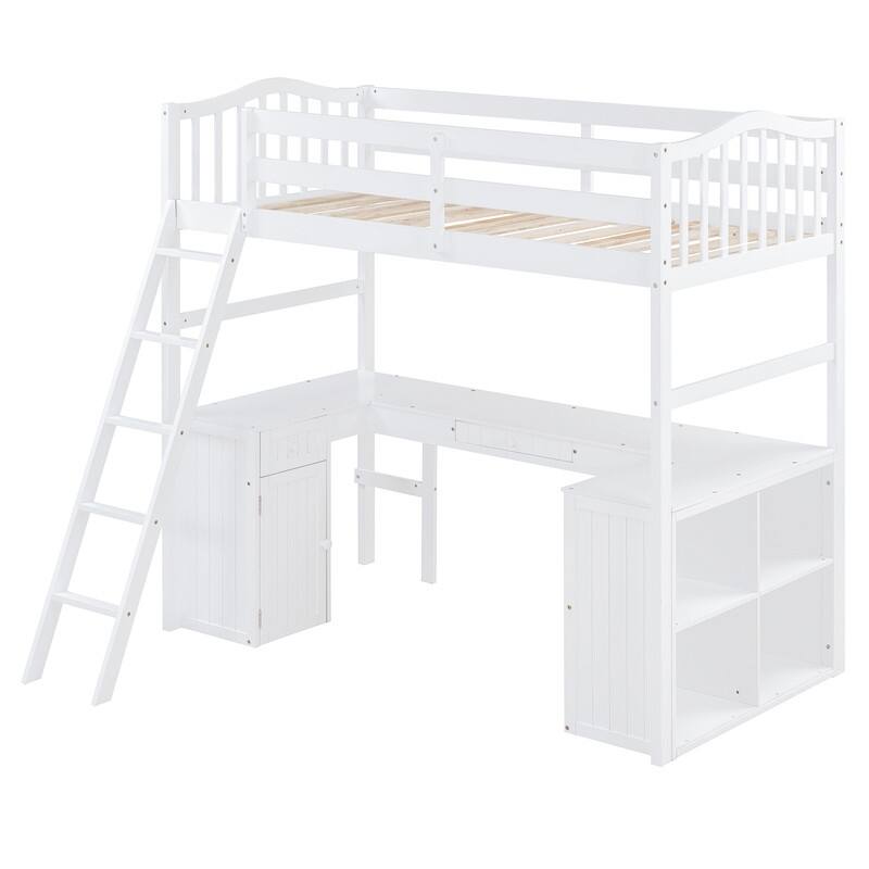 Twin size Loft Bed with Drawers, Cabinet, Shelves and Desk, Wooden Loft Bed with Desk - White