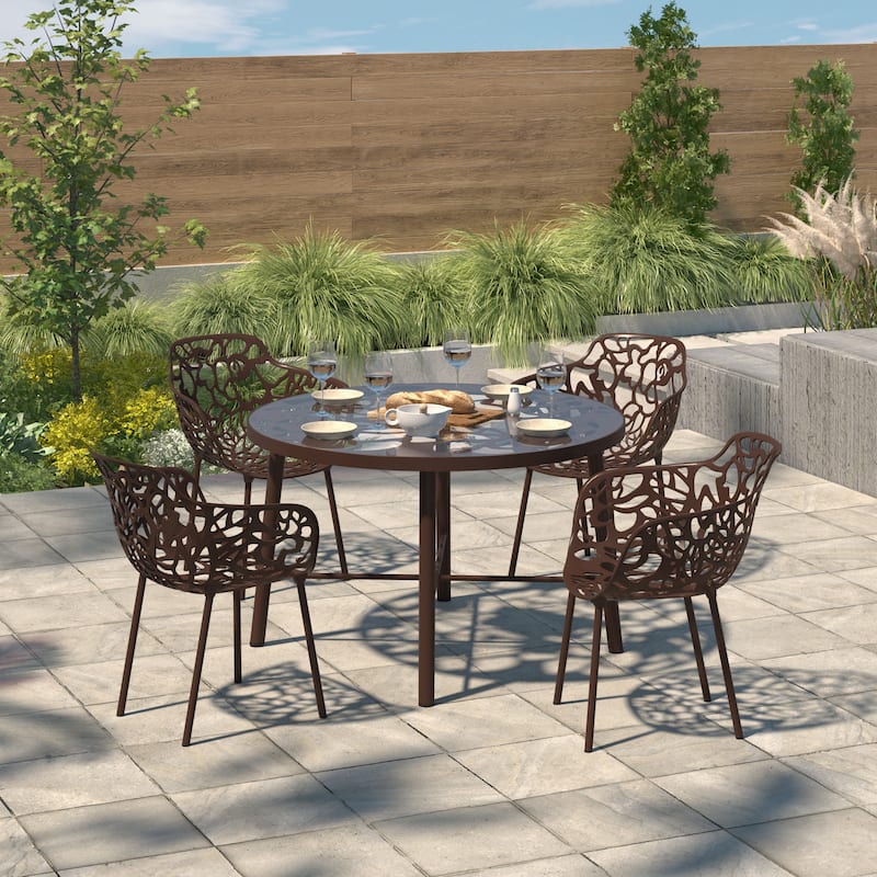 Devon Outdoor Round Aluminum Patio Dining Table with Floral Cutout Design, Tempered Glass Tabletop for Garden or Living Room