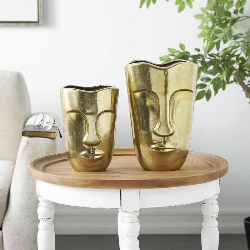 Aluminum Metal Face Decorative Vase with Abstract Details - Set of 2 Gold - Roche River Decor