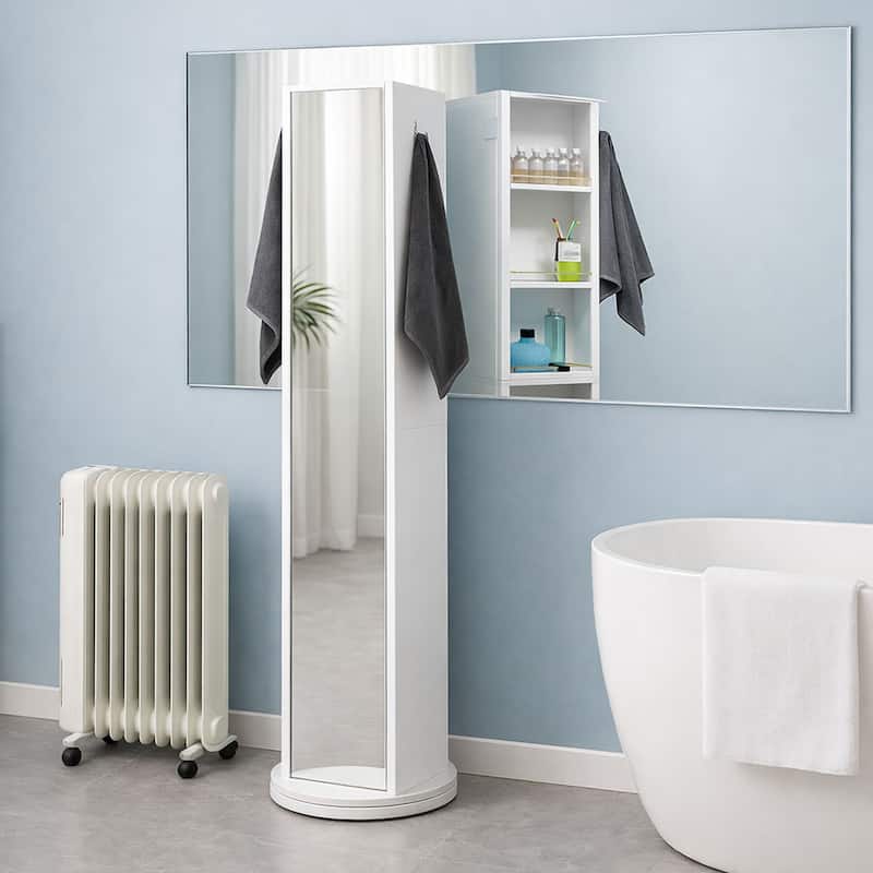 Rotating Storage Cabinet Full-Length Mirror 360-Degree Swivel - 66 5/8''H x 12''L x 14.4'' base diameter - White